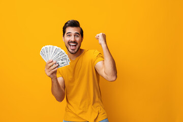 Man money background yellow currency rich dollar cash business happy finance smiling