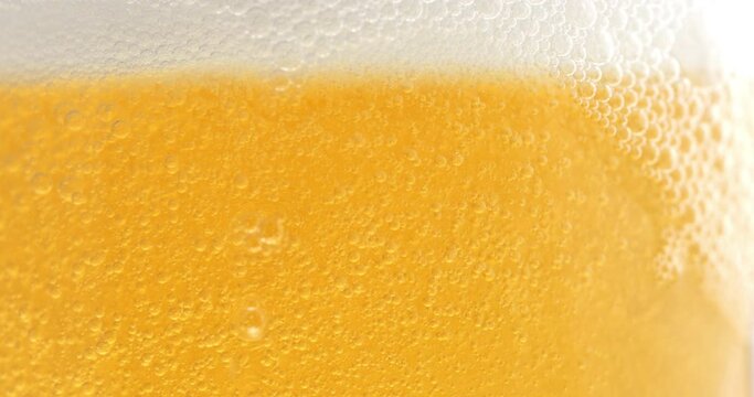 Super slow motion macro of fresh cold bio organic brewed beer in cool transparent glass with white bubbles foamy froth is going at 1000 fps.