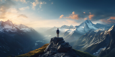 Hiker standing on mountain peak. 3D Rendering. - obrazy, fototapety, plakaty