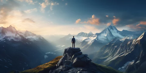 Poster Hiker standing on mountain peak. 3D Rendering. © Graphicsstudio 5