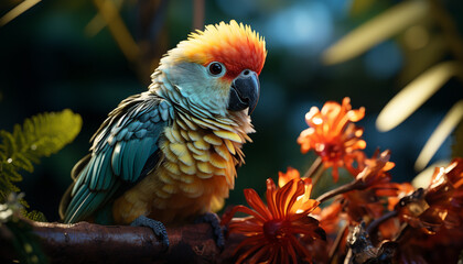 A beautiful macaw perching on a branch in the rainforest generated by AI