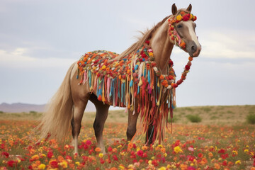 a majestic horse adorned with ornate, colorful ribbons,