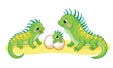 A cute family of iguanas stands on sand on a white background. Vector illustration with cute wild animals in cartoon style.