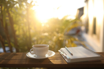 Coffee cup and notebook and plant pot on wooden table under sunlight