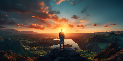 Man standing on the edge of a cliff and looking at the sunset