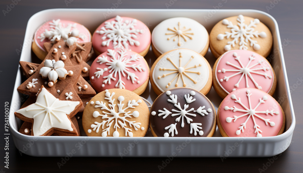 Canvas Prints homemade snowflake shaped sugar cookies, decorated with pink icing generated by ai