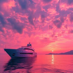 The image captures a serene scene on the water, featuring a sleek and modern luxury yacht anchored at sea, enveloped by a breathtaking sunset. The sky is painted in dramatic shades of pink and purple,