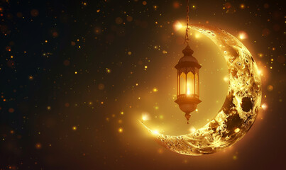 ramadan eid mubarak simple minimalist background. shinny crescent moon and hanging lantern in sky at sunset time for iftar.