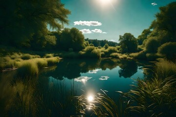 Enchanting Woodland Symphony: A Captivating Panorama of Lush Greenery, Sunlight Filtered Through Canopy, and Tranquil Streams - A Majestic Forest Landscape Background in High Definition AI generated