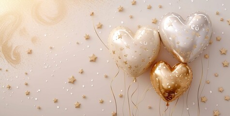 Fototapeta na wymiar The image shows three heart-shaped balloons with a metallic sheen, two in gold and one in silver, surrounded by small golden star-shaped confetti against a creamy background that has a subtle floral p