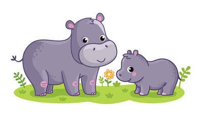 Two cute mom and baby hippo. Vector illustration. - 734100059