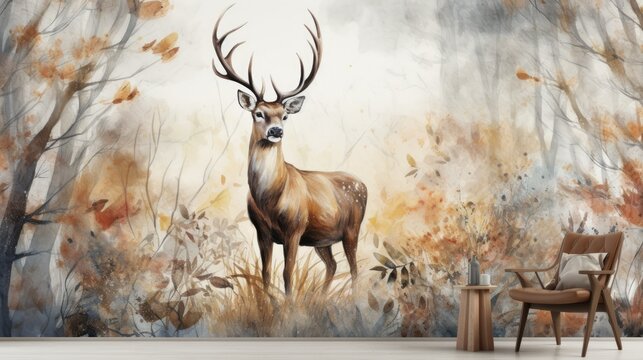 Deer painting on the room wall. watercolor Deer in autumn forest vintage mural. Wall art wallpaper. 
