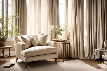 A serene corner of a living room, featuring a cozy cream-colored armchair set beside a large window adorned with billowy curtains, inviting relaxation and contemplation.
