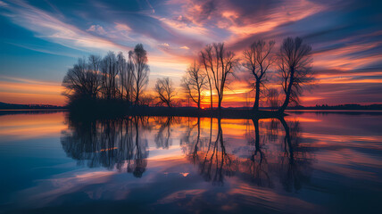 Radiant Sunset Over Tranquil Waters With Forest Background