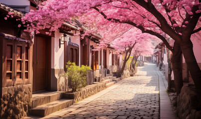 Fototapeta na wymiar A cobblestone street comes alive under a canopy of blooming cherry blossoms, with traditional Japaneese houses basking in the soft, warm light of spring. 
