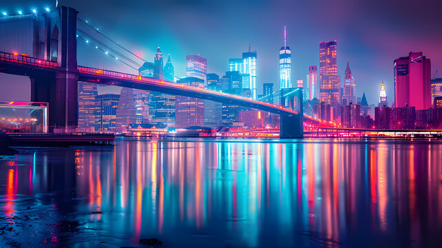 Twilight Hues Over Iconic City Skyline and Bridge