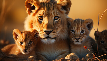 Obraz premium Cute lion cub staring, small group, nature beauty in Africa generated by AI
