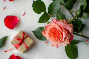 pink rose with red gift and small gift box on white b