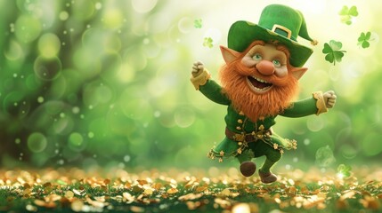 The image displays a joyous leprechaun with a bright orange beard, dressed in a green suit and hat, dancing on a field scattered with golden coins and surrounded by floating green clovers, all under a