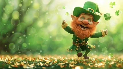Foto auf Leinwand The image displays a joyous leprechaun with a bright orange beard, dressed in a green suit and hat, dancing on a field scattered with golden coins and surrounded by floating green clovers, all under a © StasySin