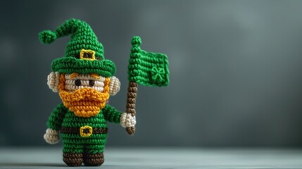 This image features a meticulously crocheted leprechaun doll adorned in a vibrant green hat and suit, complete with a beard, belt, and boots. The figure is holding a flag with a Celtic knot pattern, p - Powered by Adobe