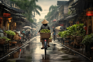 In the midst of a downpour, a vendor wearing a conical hat cycles through a wet market street, with baskets of fresh produce reflecting the vibrant street life.

