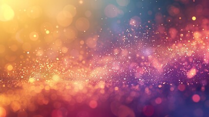 This image displays a stunning visual effect known as bokeh, showcasing out-of-focus points of light that create a glittery texture. The spectrum of colors ranges from warm golden tones on the left, t - obrazy, fototapety, plakaty