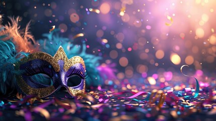 This image features a luxurious masquerade mask with intricate patterns and feather adornments lying on a surface scattered with colorful confetti. The background is filled with an enchanting bokeh ef - obrazy, fototapety, plakaty