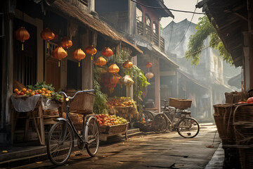 Bicycles parked along a peaceful old town market street, flanked by baskets of fresh fruits and...