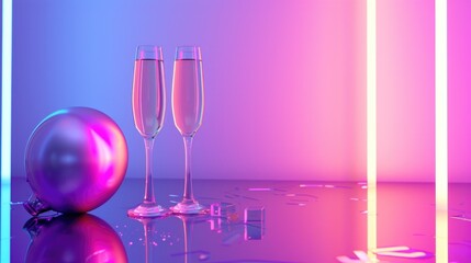 The image showcases a modern and vibrant celebration setting with two tall, slender champagne glasses standing on a reflective surface, catching the ambient light from the neon pink and blue lights. O
