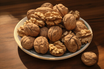 Walnut in a bowl on wooden background