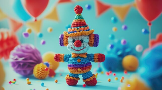 This image showcases a whimsically crocheted clown toy featured in the center of the frame, smiling with its outstretched arms. The handmade clown is adorned with a multi-colored outfit, a pom-pom top