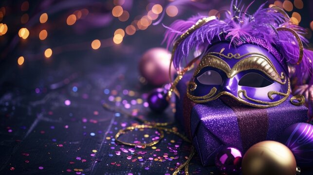 This image features a luxurious purple masquerade mask adorned with feathers and golden details resting beside a purple, sparkling gift box tied with a gold ribbon. The setting includes glittering bau