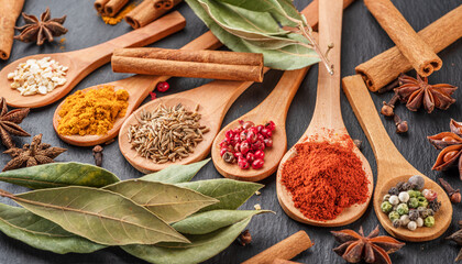 Various types of spices on wooden spoons on a gray stone table. - Powered by Adobe