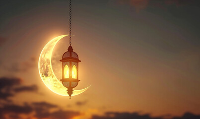 ramadan eid mubarak simple minimalist background. shinny crescent moon and hanging lantern in sky at sunset time for iftar.