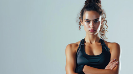 Confident female athlete with crossed arms wearing sportswear on a neutral background.