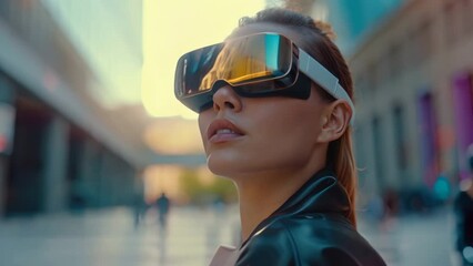 Woman wear modern virtual devise. Mixed reality headset. Digital spatial computer. Girl VR glasses walk city street. High tech vision. Futuristic future concept. Technology innovation. Life simulation