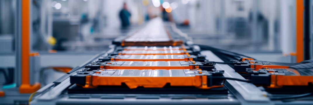close-up inspection station on an electric vehicle battery production line, showing technicians checking cell quality and alignment.