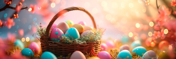 Happy Easter and an adorable Easter basket filled with pastel colored eggs, set against a cheerful and cozy backdrop.