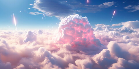 Watercolor flying marshmallow across the celestial sky, a ray of hope and dreams float across the clouds. - obrazy, fototapety, plakaty