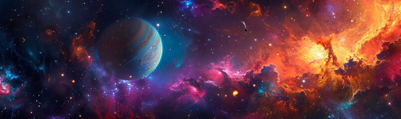 A vibrant space background, with planets, stars and interstellar clouds merging into a vibrant watercolor background.