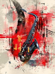 The image features a stylized, almost three-dimensional saxophone placed diagonally across the canvas, surrounded by an energetic array of red and black splatters, and brush strokes creating an impres