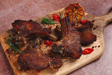 fried veal ribs, with spices, baked in the oven, homemade, no people,