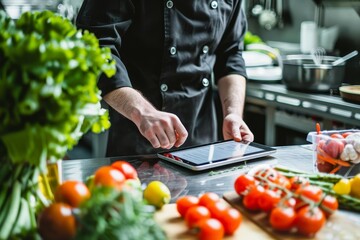 Chef using a tablet to order fresh ingredients for a restaurant kitchen Emphasizing efficiency and modern technology in culinary operations