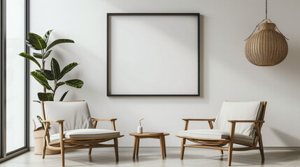 Living room design with empty frame mockup