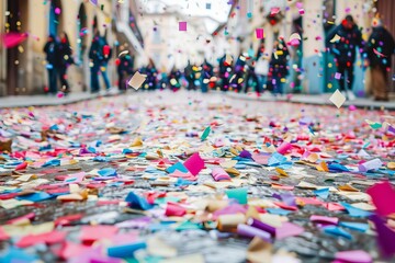 Colorful confetti scattered on the street after a festive event Symbolizing joy and celebration