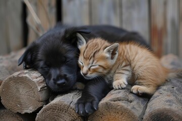 Cute puppy and kitten cuddled together Symbolizing friendship and love between different species