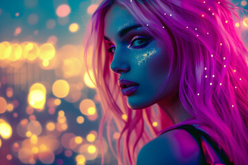 Obraz na płótnie Canvas Porträt einer hübschen jungen Frau mit rosa gefärbten Haaren: Schönheit und Individualität im Bokeh-Hintergrund