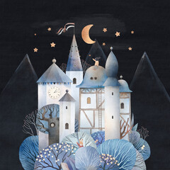 Cute castle at night. A fairytale city among the night forest. Fairytale landscape. Watercolor illustration. For nursery.