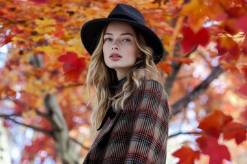Elegant woman in a fall fashion outfit against an autumn leaves backdrop